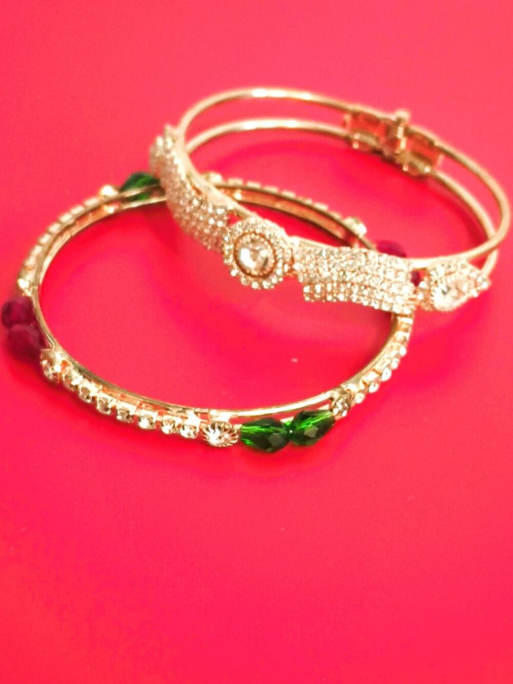 Rhinestone Bangle Bracelet Set of 2 Gold Tone Pave with Green & Red Stones